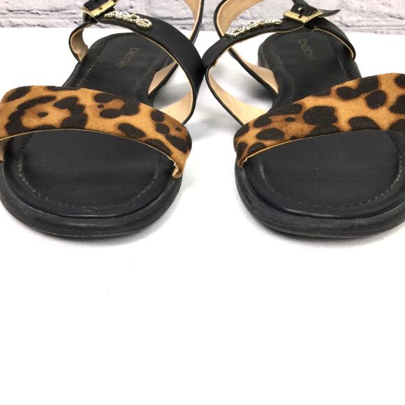 Bebe Leyra Chita Animal Print Rhinestone Ankle Strap Buckle Flat Sandal Size 8.5 - Picture 5 of 12